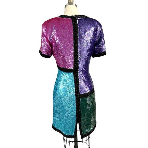 Stunning Neiman Marcus Bright Colorblock Sequin Dress Power Shoulders 1980s Sz S - Picture 2 of 8